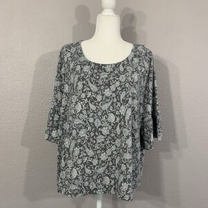 J Jill Womens Petite XLp Gray Paisley Shirt‎ 3/4 Bell Sleeve Cottagecore Modal